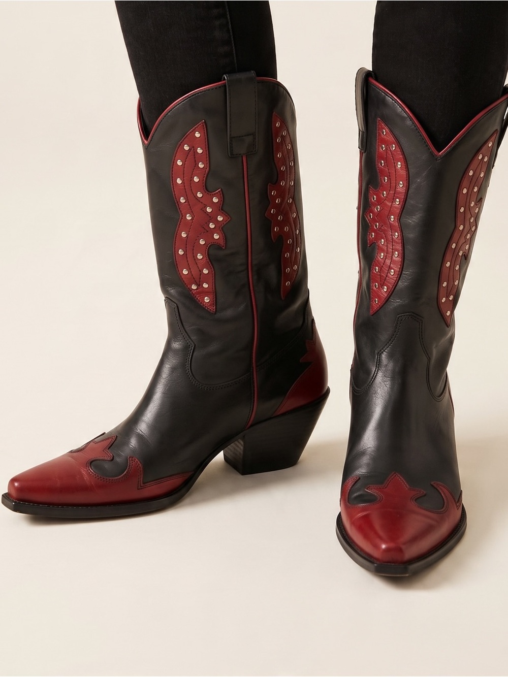 BCBG Girls Western Cowboy Boots 7 Black Red Embroidered Studded Cowgirl Y2K